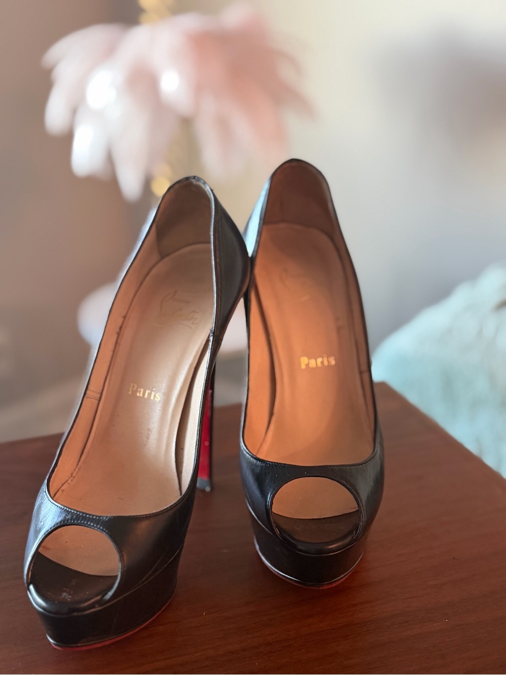 Christian Louboutin Black Open-Toe Platform Pumps with Red Sole